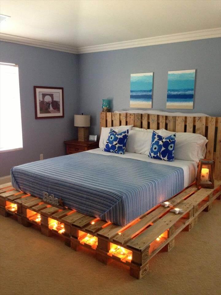 wooden pallet platform bed with lights