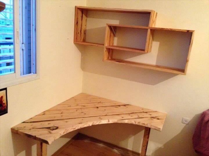 recycled pallet sectional desk with shelves