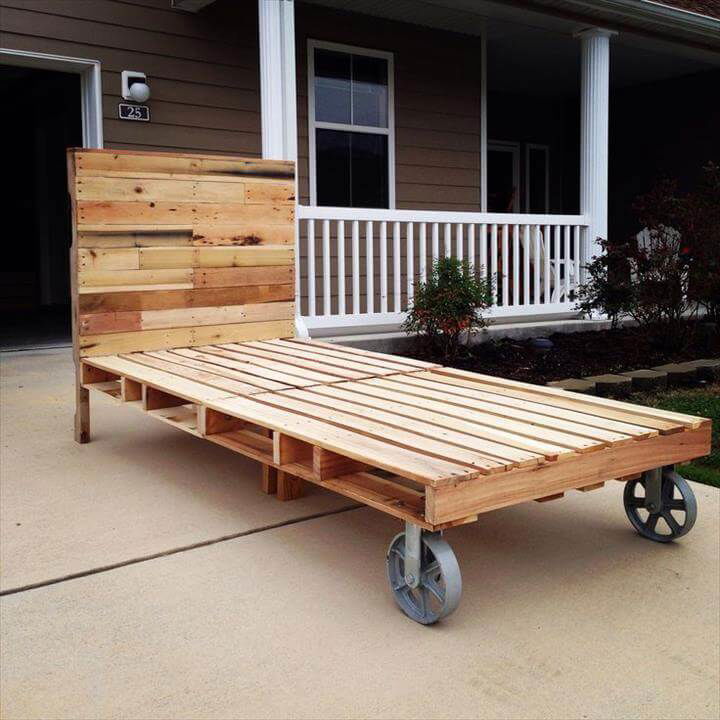 handmade pallet rolling bed with cart wheels