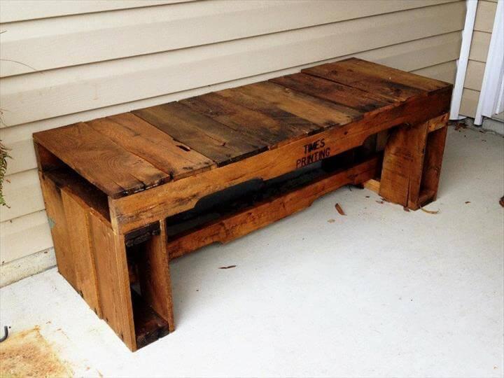 recycled pallet front porch or mud room bench