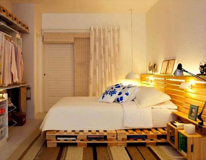 recycled pallet bed with lighted headboard