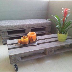 repurposed pallet rolling table and cushioned bench