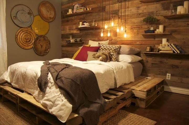 antique pallet bed with decorative headboard wall