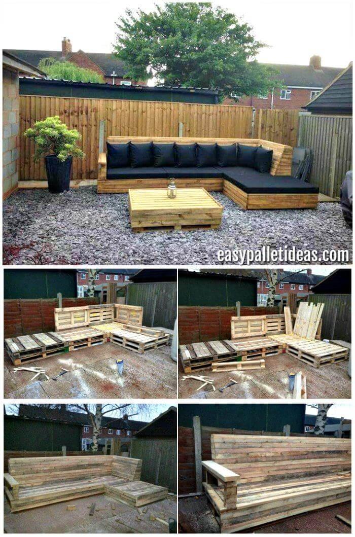 Pallet L-Shaped Sofa for Patio - Pallet Couch - Pallet Sofa - Pallet Ideas - Pallet Furniture - Pallet Projects