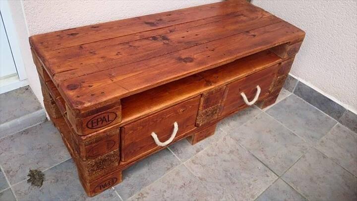 upcycled pallet TV stand with storage drawers