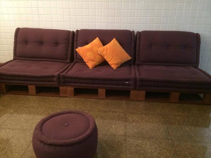 repurposed pallet sofa with cushioned seats