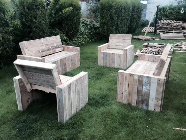 hand-built pallet patio chairs and benches