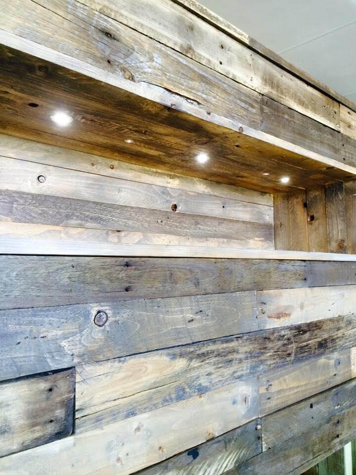 recycled pallet headboard with lights and storage