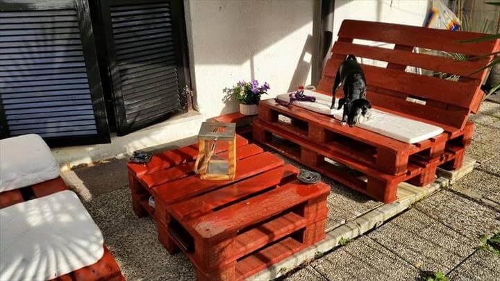 diy dark orange painted pallet patio furniture set