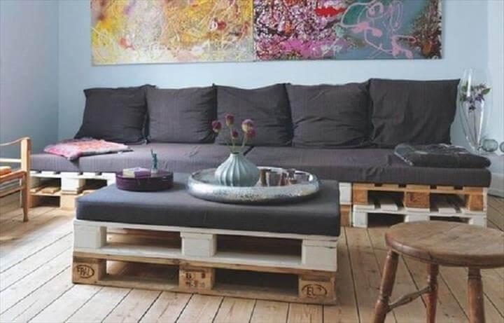 upcycled white painted pallet sofa and coffee table