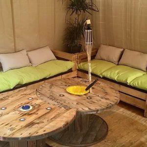 reclaimed pallet and cable spool furniture set
