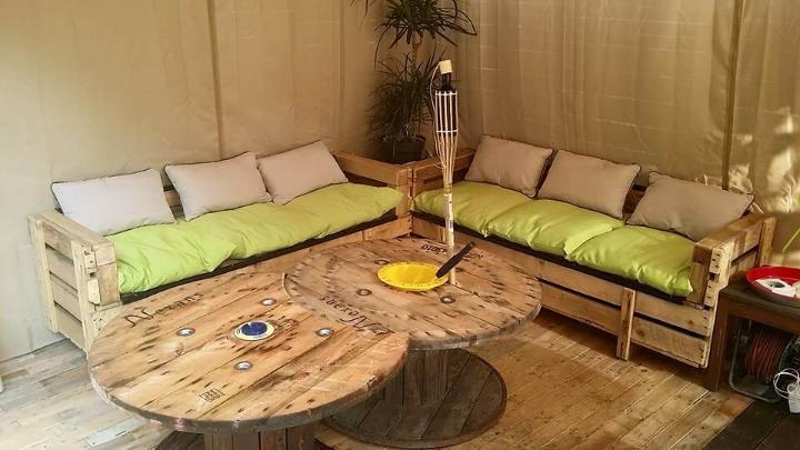 reclaimed pallet and cable spool furniture set