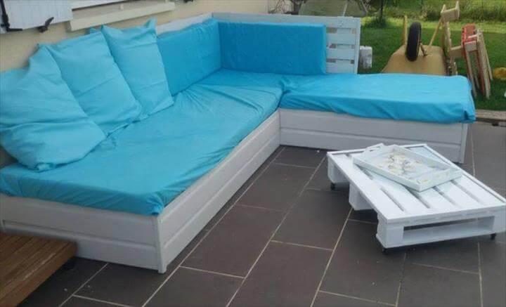 handcrafted pallet patio L-sofa with white coffee table