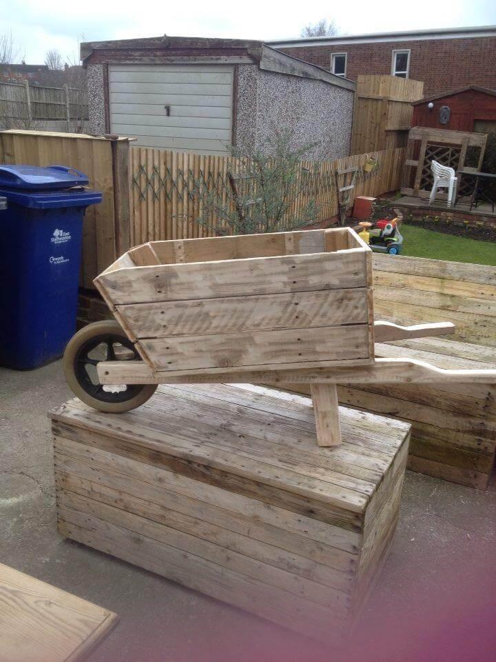 repurposed pallet wheelbarrow planter