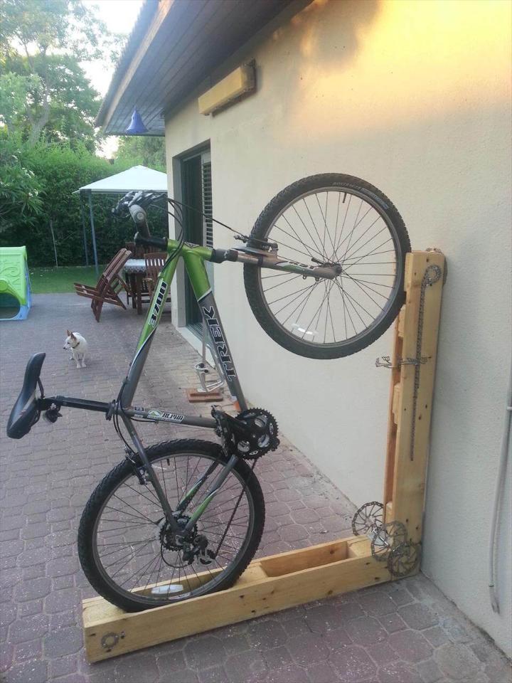upcycled wooden bicycle rack or stand