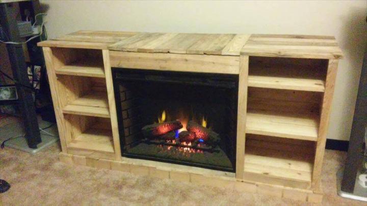 recycled pallet wooden media cabinet with fireplace