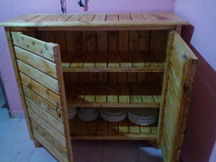 repurposed pallet wood kitchen utensil cabinet or sideboard