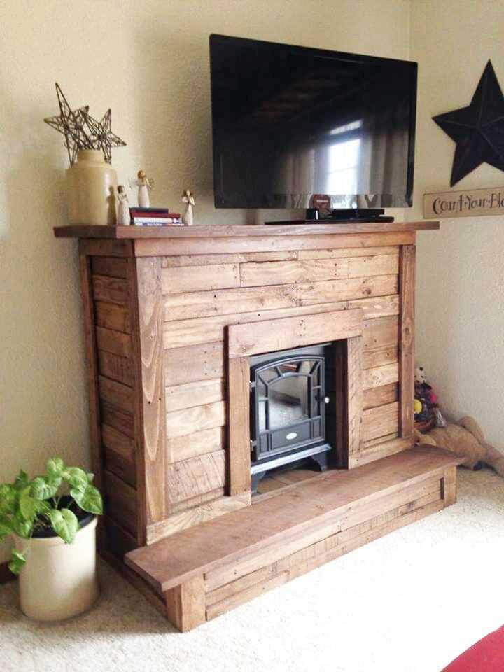 pallet fireplace and console table