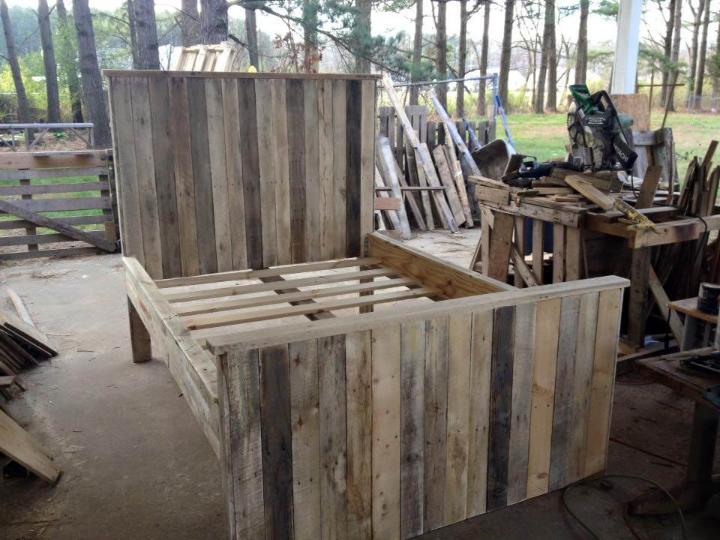 Repurposed pallet bed frame