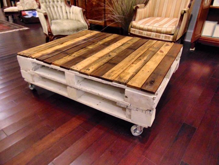 milky white and brown pallet coffee table with wheels