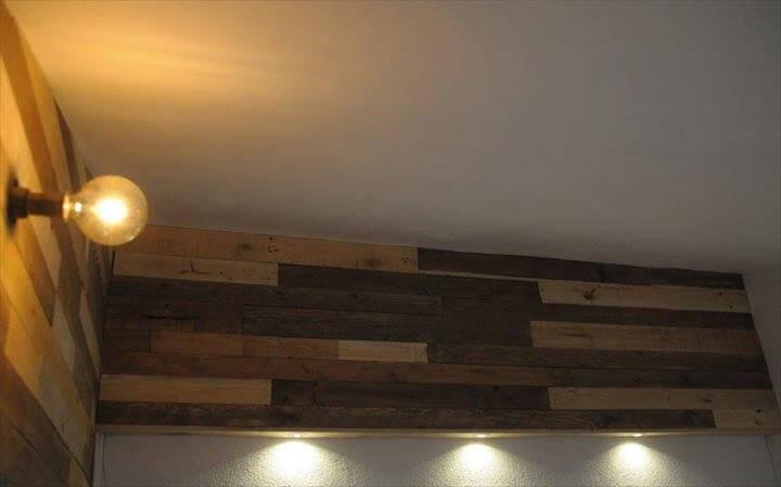 pallet wood paneled wall with lights