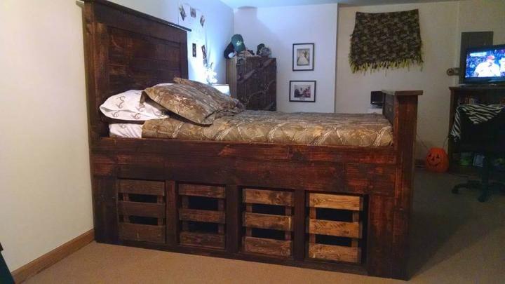 rustic wooden pallet bed with underside storage