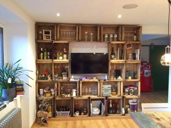 Wooden pallet crate style shelving and media center