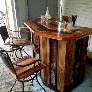 wooden pallet bar and two revampled old metal frame chair set