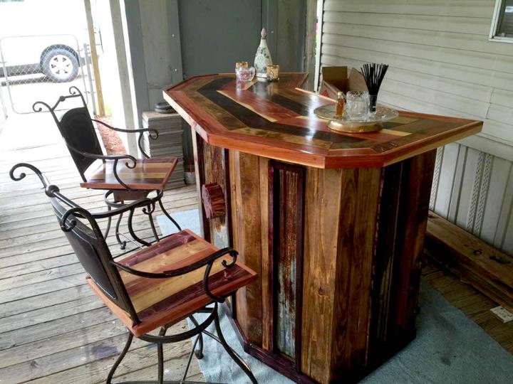 wooden pallet bar and two revampled old metal frame chair set