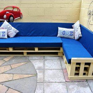 reclaimed pallet sectional sofa set with blue cushion