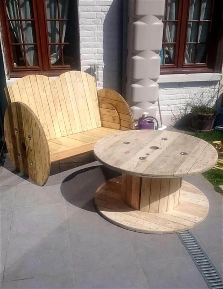 Wooden pallet and cable spool chair with table