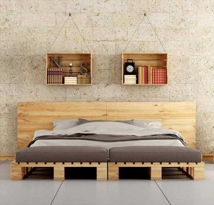 Recycled pallet bed and hanging book shelves