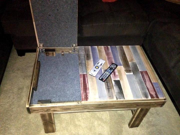 handcrafted wooden pallet coffee table with secret stash