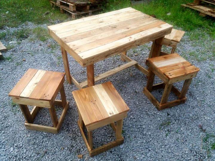 wooden pallet dining table with stools