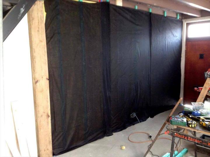 black fabric inlay installation for pallet wood wall paneling
