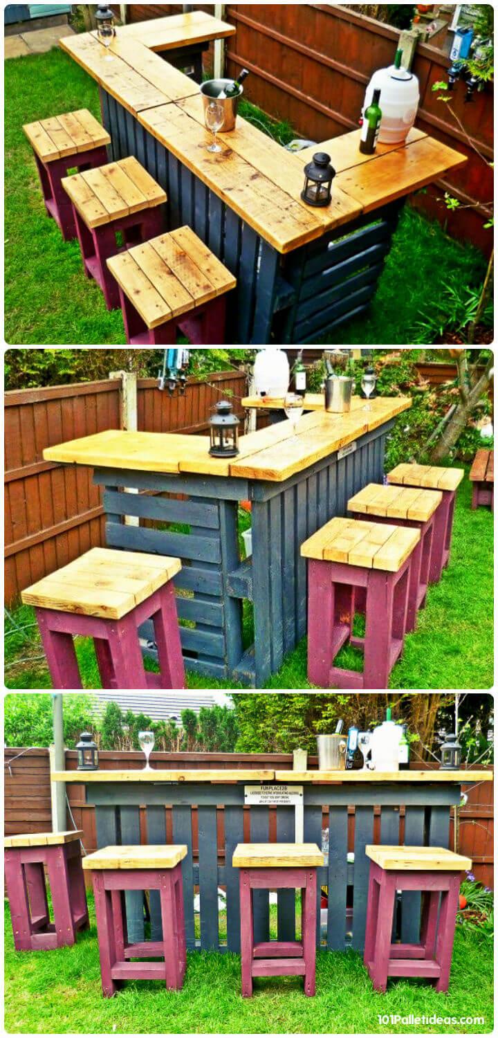 upcycled wooden pallet bar with 4 matching stools