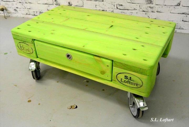 parrot green pallet coffee table with drawer and wheels