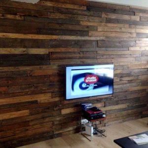 self-installed wood pallet media wall