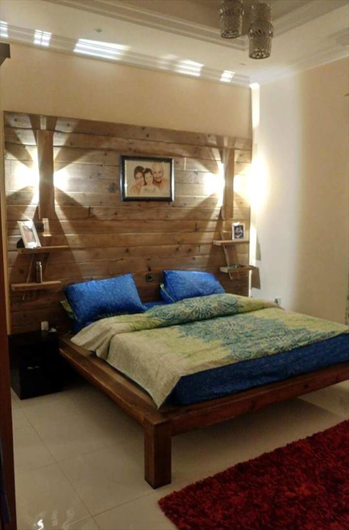 DIY Pallet Bed with Wall Headboard + Lamps + Shelf - Easy ...