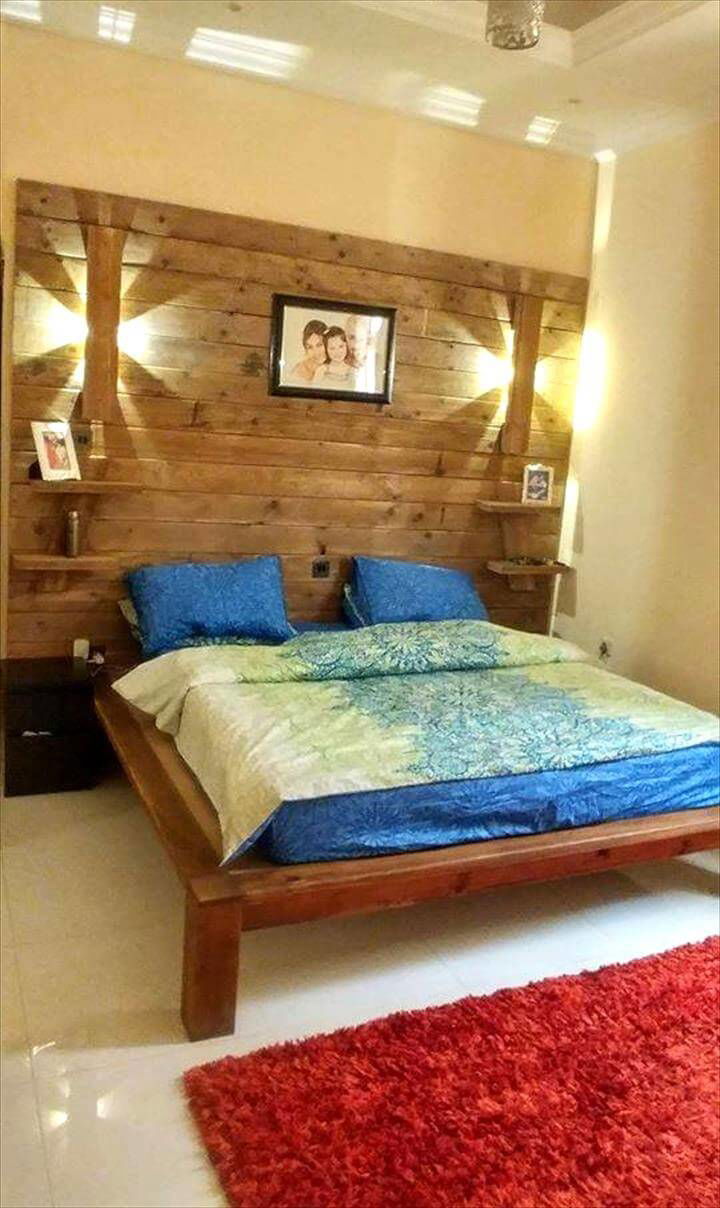 DIY Pallet Bed with Wall Headboard + Lamps + Shelf - Easy Pallet Ideas