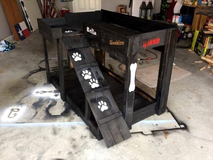 black painted pallet raised dog bed with stair steps