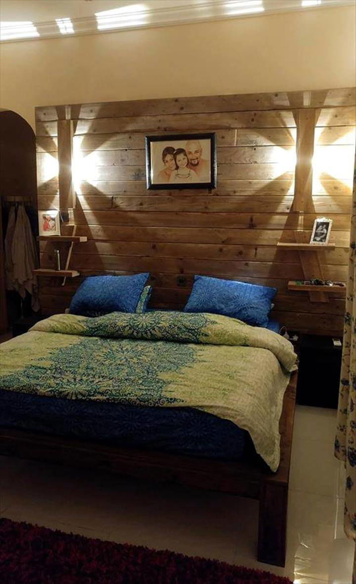 DIY Pallet Bed with Wall Headboard + Lamps + Shelf - Easy Pallet Ideas