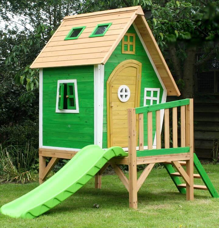 recycled pallet playhouse with slide