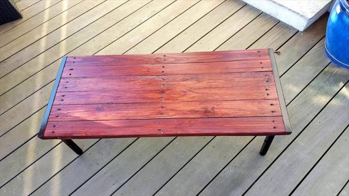 no-cost mahogany stained pallet and metal coffee table