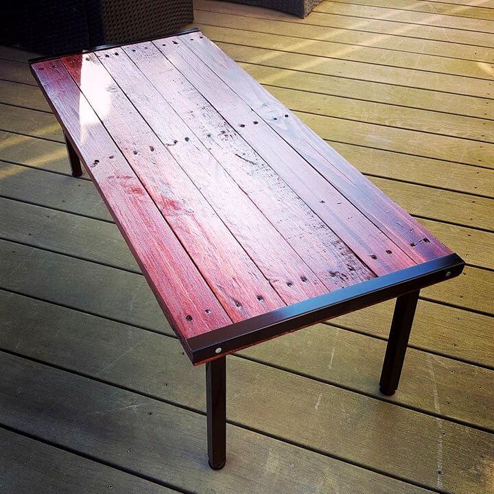 upcycled pallet and metal mahogany stained coffee table