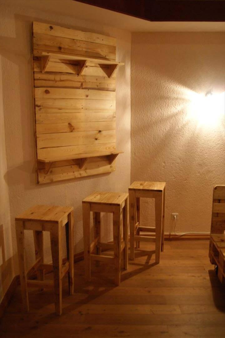 robust wooden pallet bar stools and wall shelves