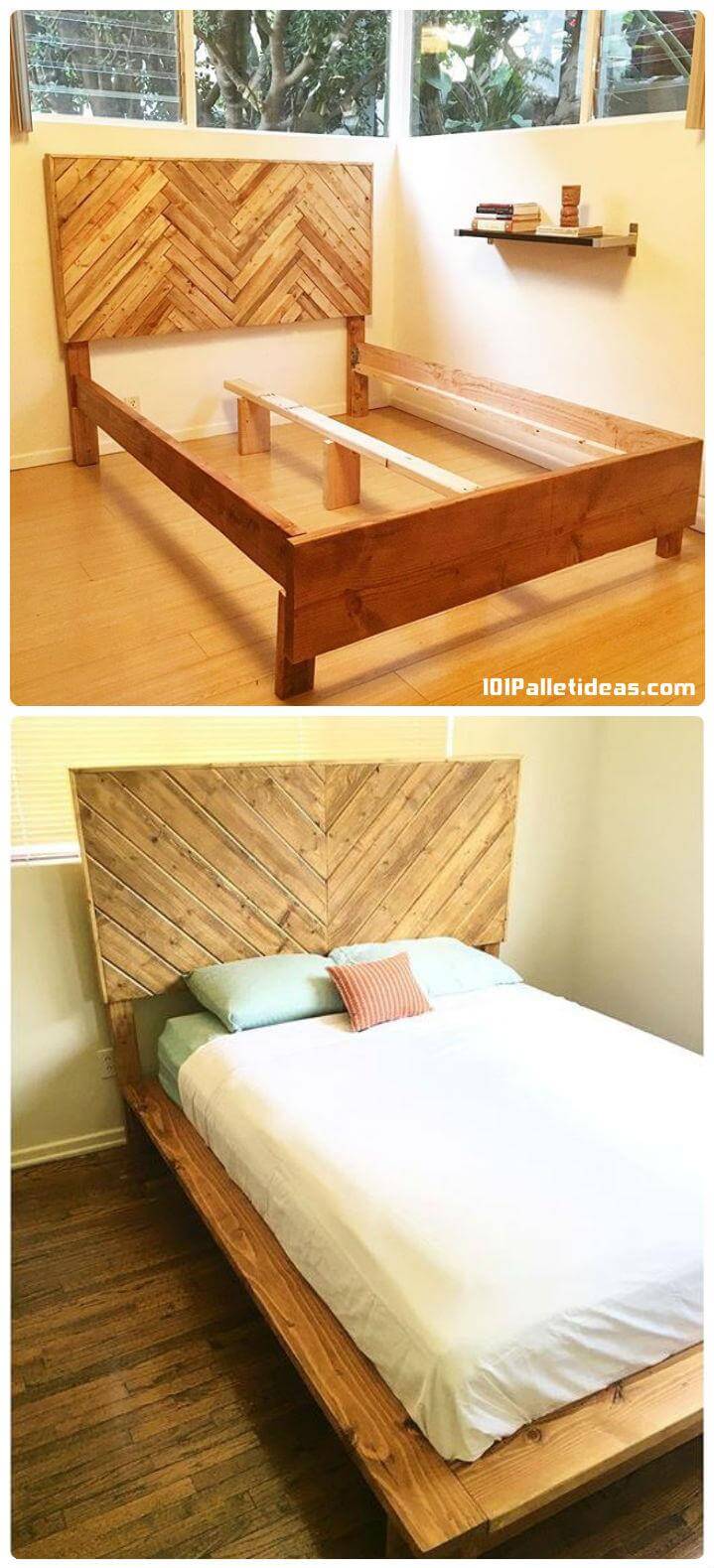 15 Top Pallet Projects You Can Build At Home Easy Pallet Ideas   Pallet Bed With Chevron Accent Headboard 