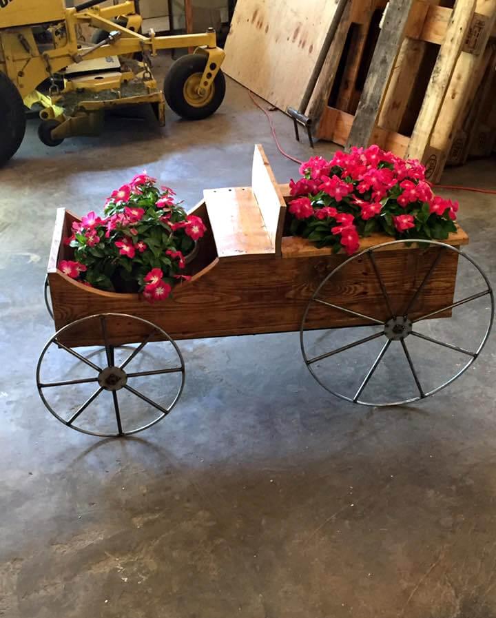 repurposed pallet and cart wheel garden cart planter