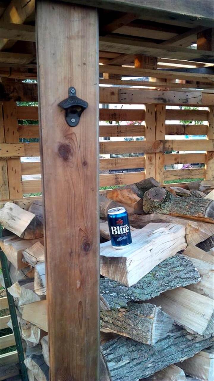 bottle opener fixed to firewood shed pillar