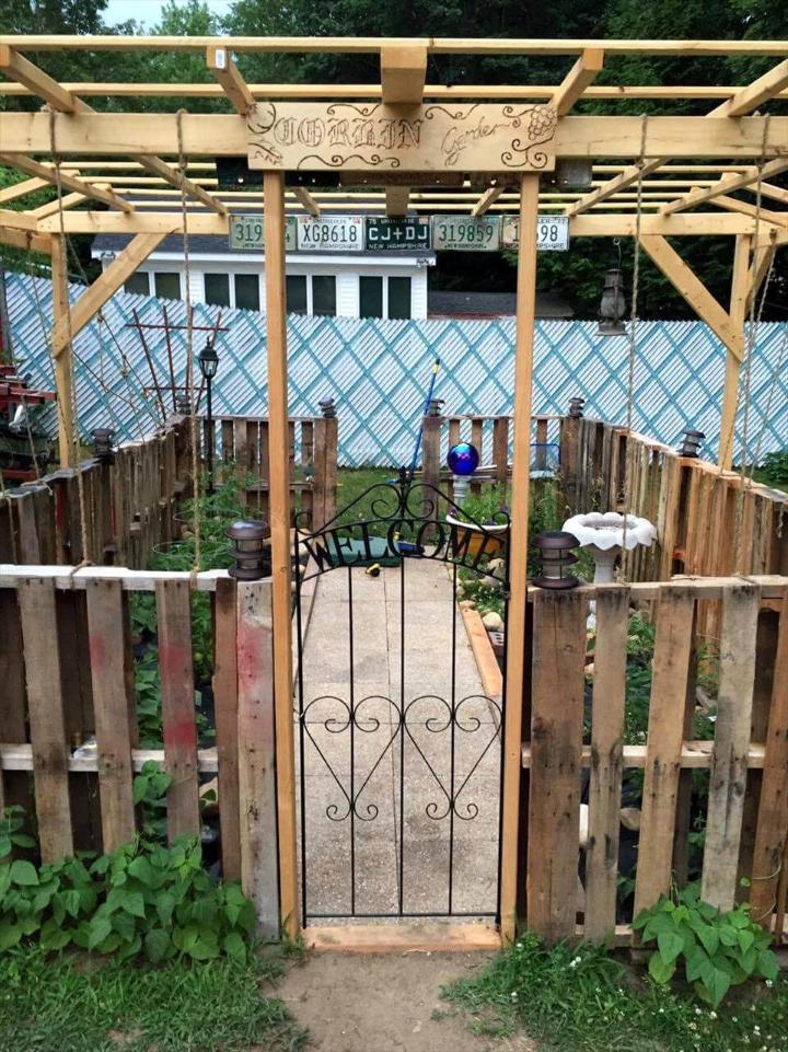 low-cost pallet garden with overhead trellis